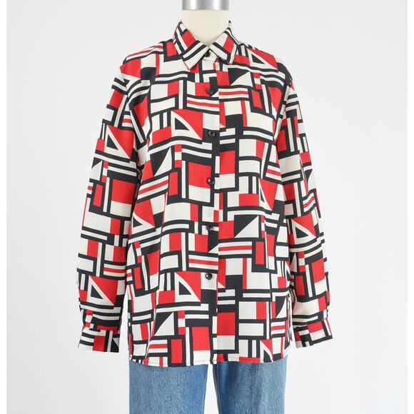 Vintage Geometric Modern Artsy Collared Button Down Blouse Red Beige Black M - Picture 4 of 8